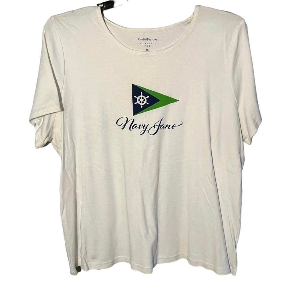 Croft & Barrow Women’s White “Navy Jane” Short Sleeve Plus Size Tee